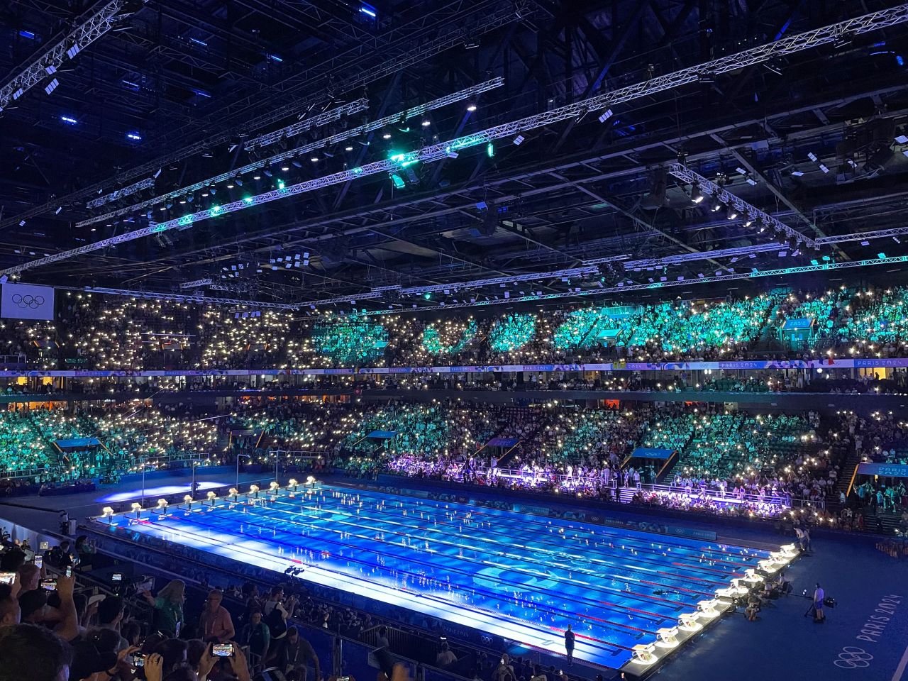 The crowd at La Défense Arena outside Paris ahead of the swimming competition on Wednesday night.