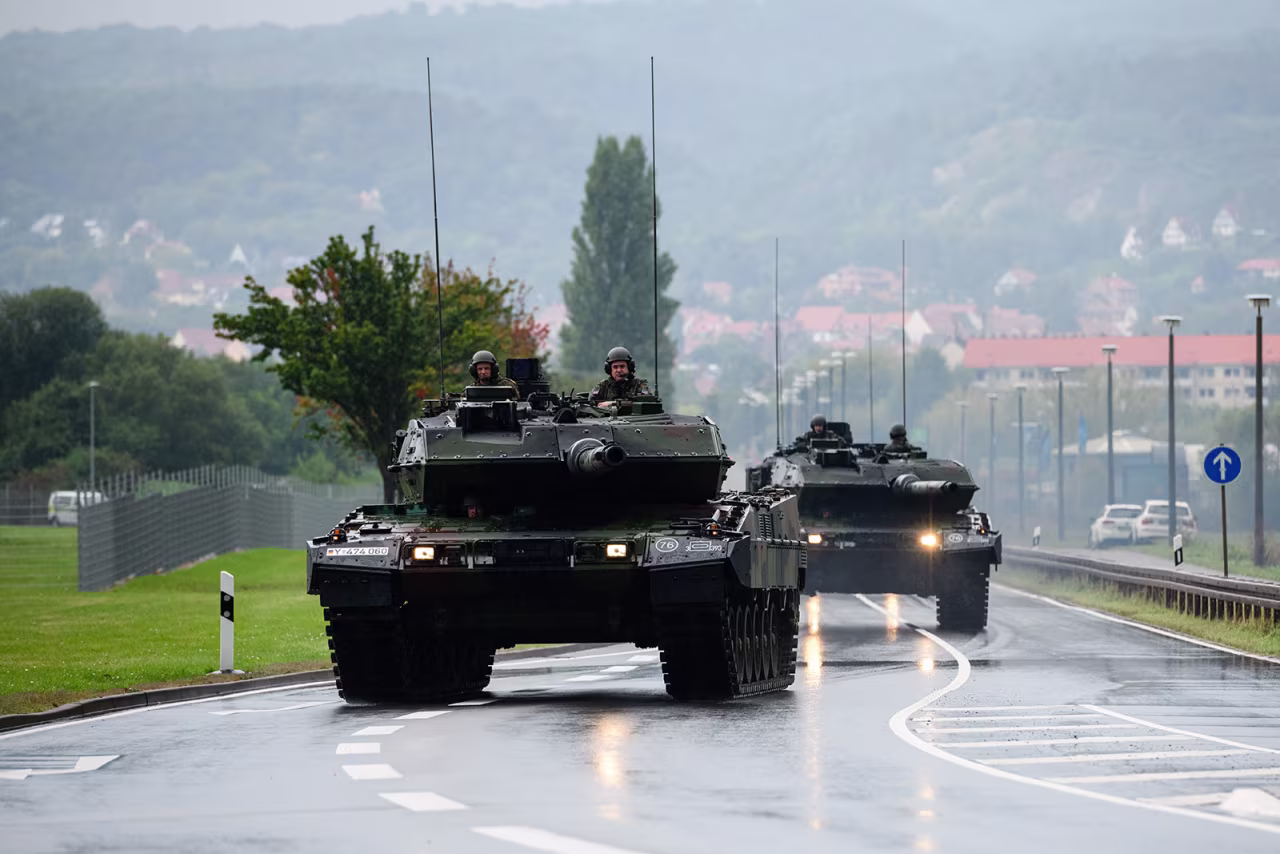 Two Leopard tanks prior to an event to mark the reception of the first units of the new tank in Bad Frankenhausen, Germany, in 2021. 