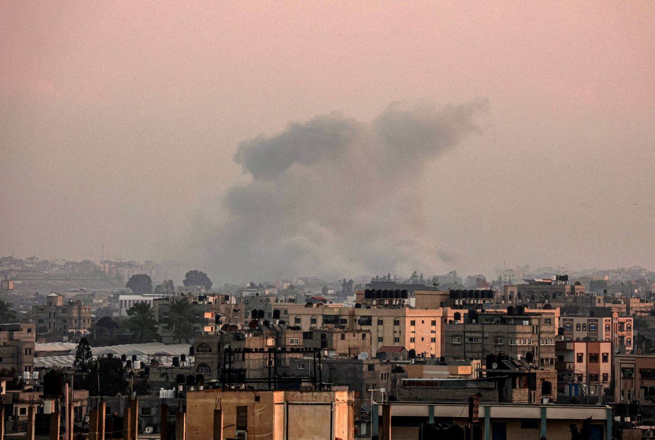 A picture taken from Rafah on January 23 shows smoke billowing over Khan Younis in southern Gaza during Israeli bombardment. 