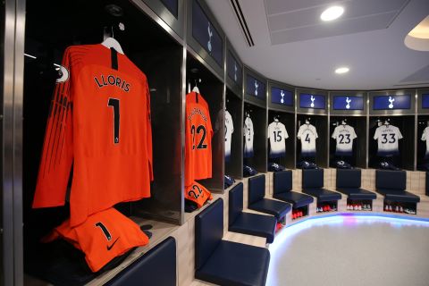 Shirts and kit on display in the Spurs dressing room prior to the Premier League match between Tottenham Hotspur and Everton FC at Tottenham Hotspur Stadium in London, on May 12, 2019.