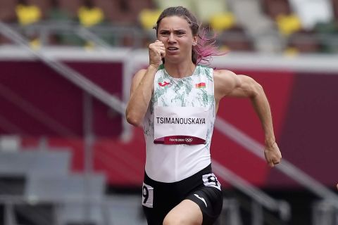 Kristina Timanovskaya of Belarus is pictured running in the women's 100m competition on Friday, July 30. 