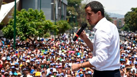 Venezuelan opposition leader Juan Guaido delivers a speech to supporters during a rally to commemorate May Day.