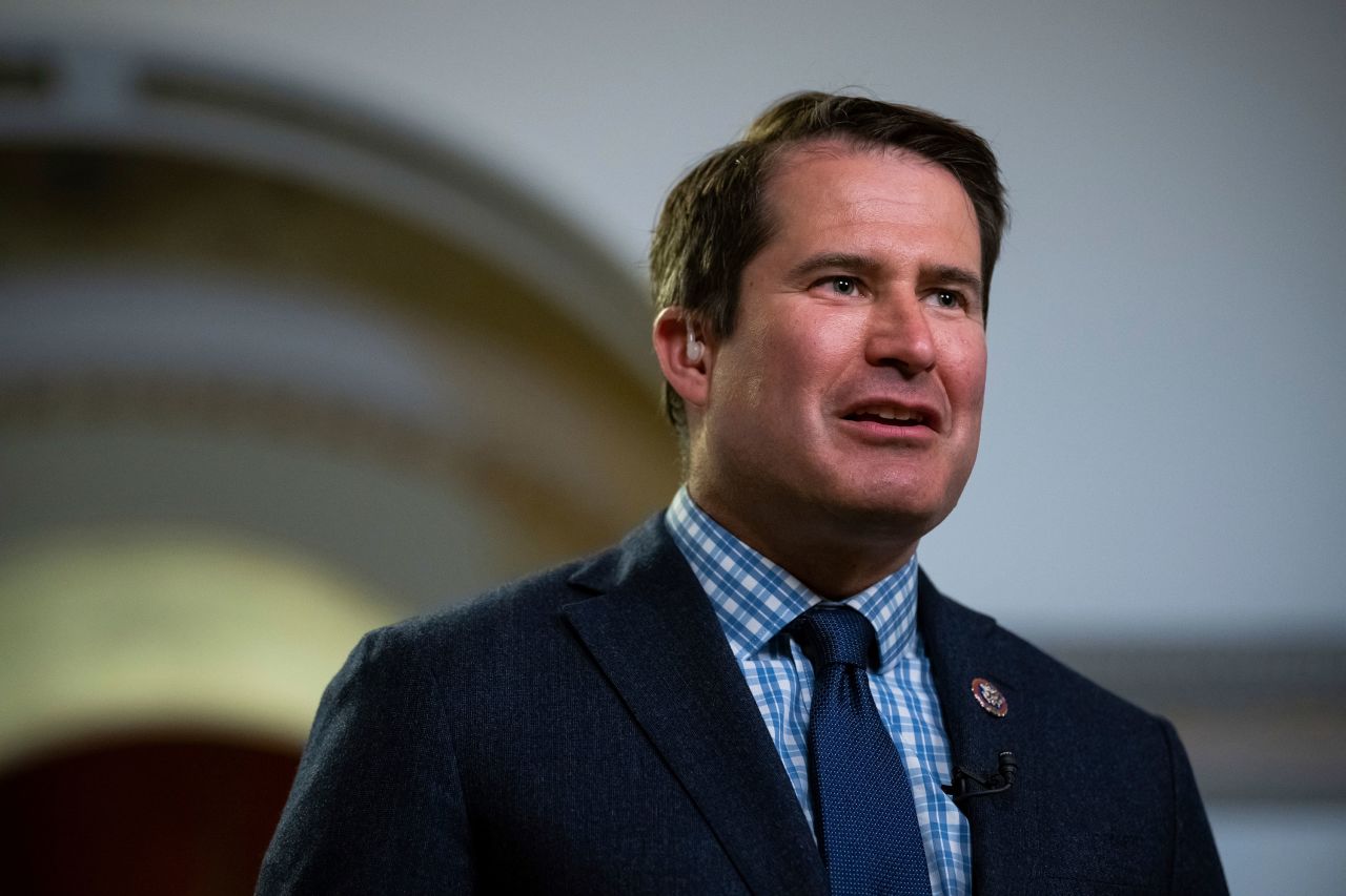 Rep. Seth Moulton speaks during a TV interview at the Capitol in Washington, DC, on April 17, 2023. 