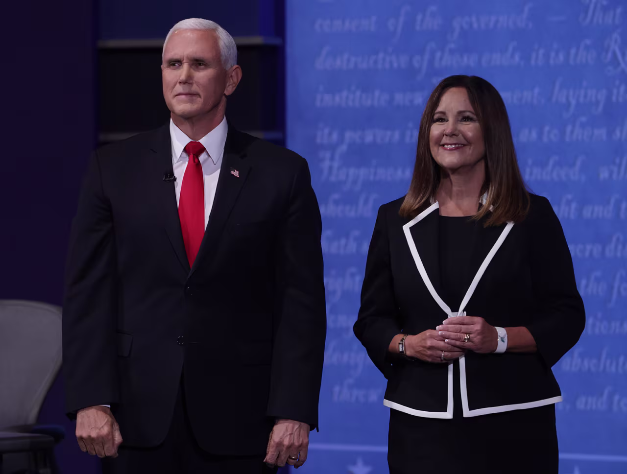 Vice President Mike Pence and wife Karen Pence appear on stage after the vice presidential debate against Democratic vice presidential nominee Sen. Kamala Harris a the University of Utah on Wednesday in Salt Lake City.