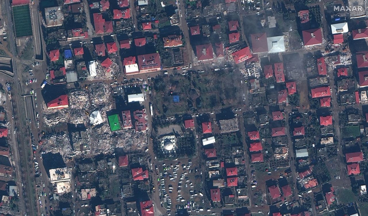 Collapsed buildings in Islahiye, Turkey, can be seen in this satellite image. 