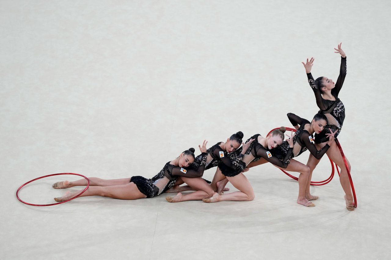 Spain's rhythmic gymnastics team performs its hoop exercise in the all-around event on August 9. 