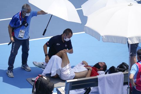 Daniil Medvedev of the Russian Olympic Committee is tended to during a third round men's tennis match on Wednesday.