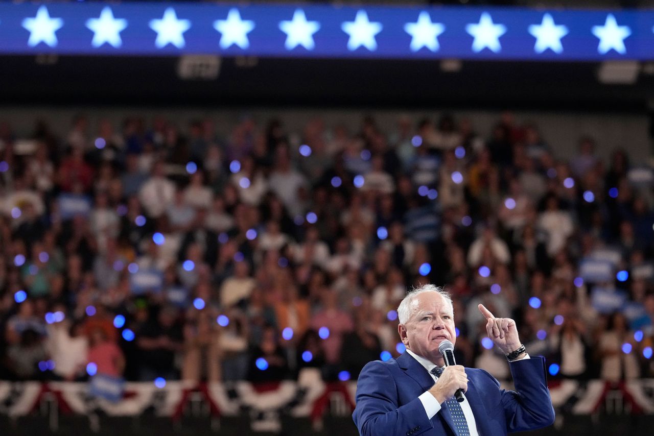 Democratic vice presidential candidate Minnesota Gov. Tim Walz speaks at the Fiserv Forum during a campaign rally in Milwaukee, Tuesday, August 20. 