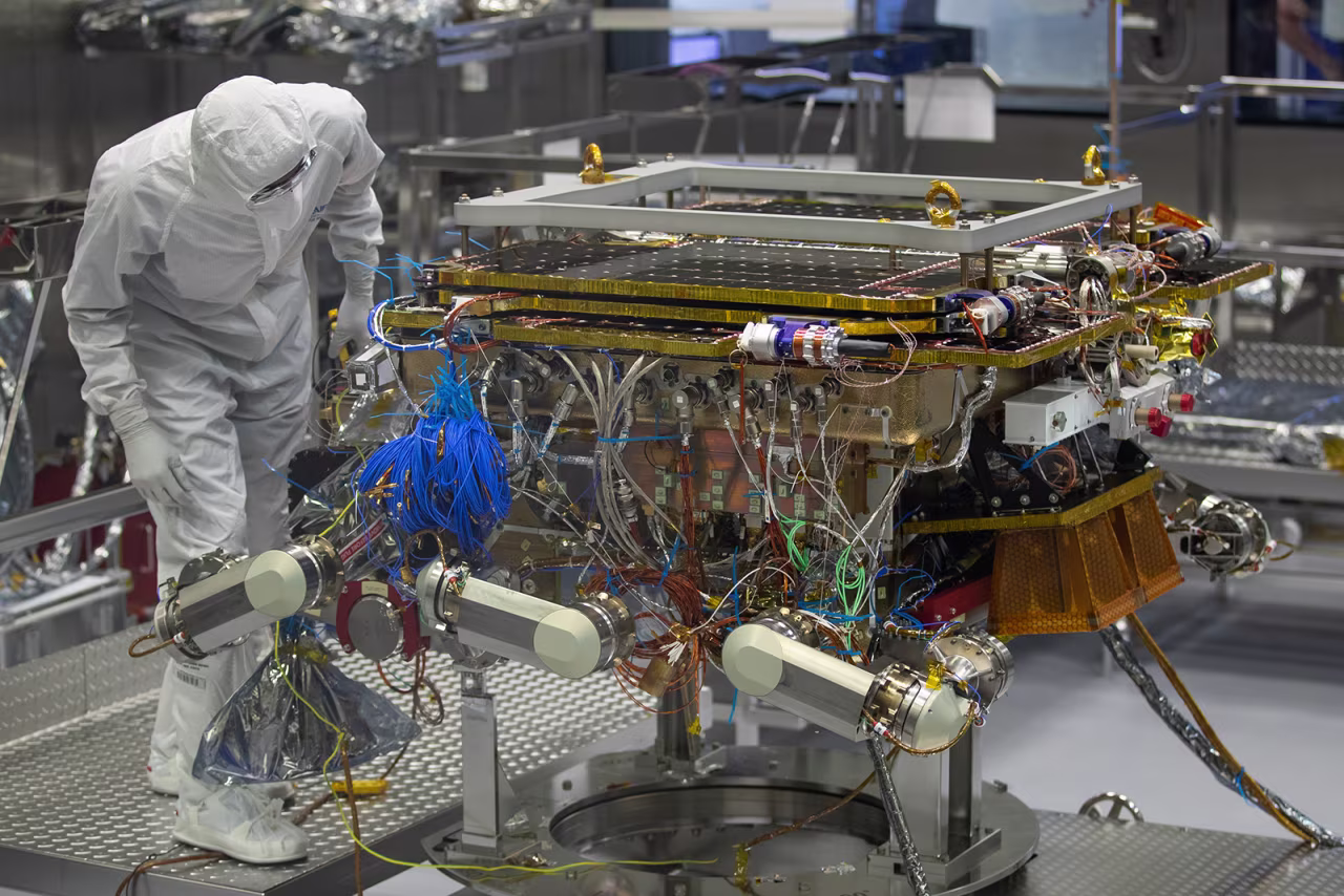 The ExoMars rover shown in 2019 as it was being prepared to leave Airbus in Stevenage, England.  