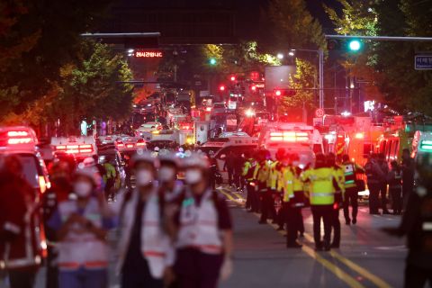 Rescue teams worked at the scene in Itaewon on Saturday night.