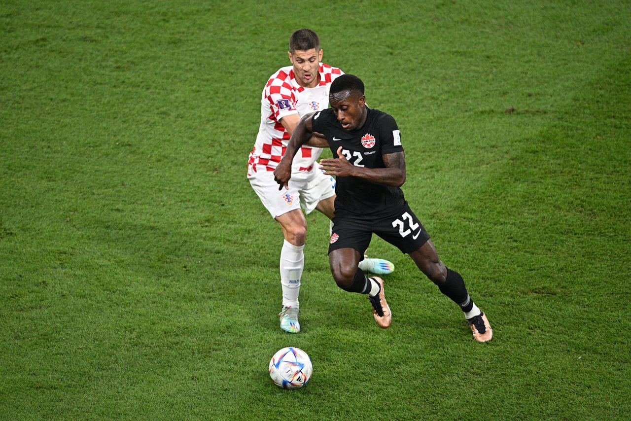 Canada’s Richie Laryea controls the ball under pressure of Croatia’s Andrej Kramaric on Sunday. 