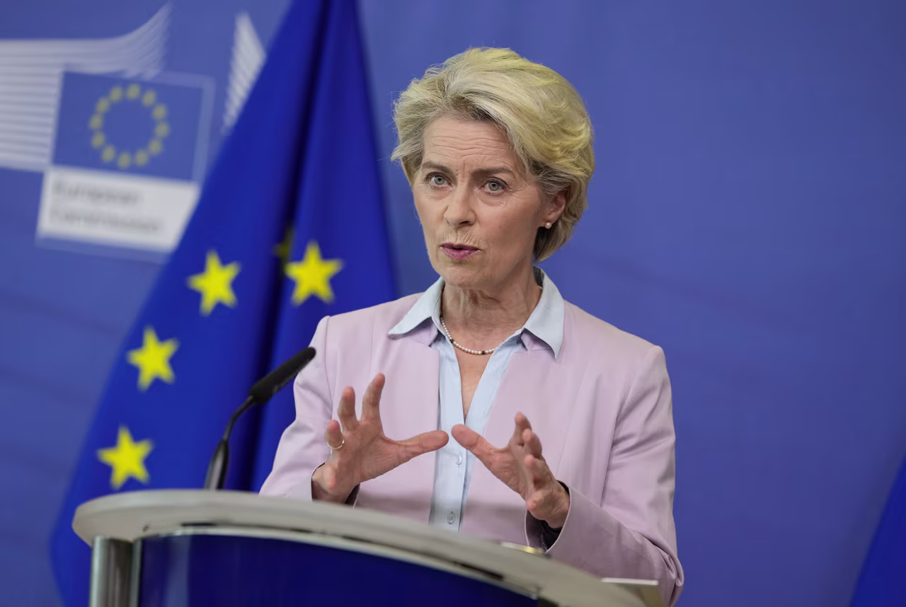 European Commission President Ursula von der Leyen speaks during a media conference at the EU headquarters in Brussels, Belgium, on September 7.