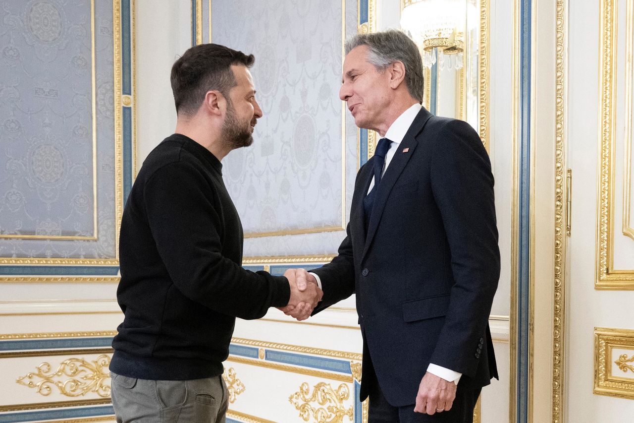 Ukraine's President Volodymyr Zelensky greets US Secretary of State Antony Blinken prior to their meeting in Kyiv on May 14.