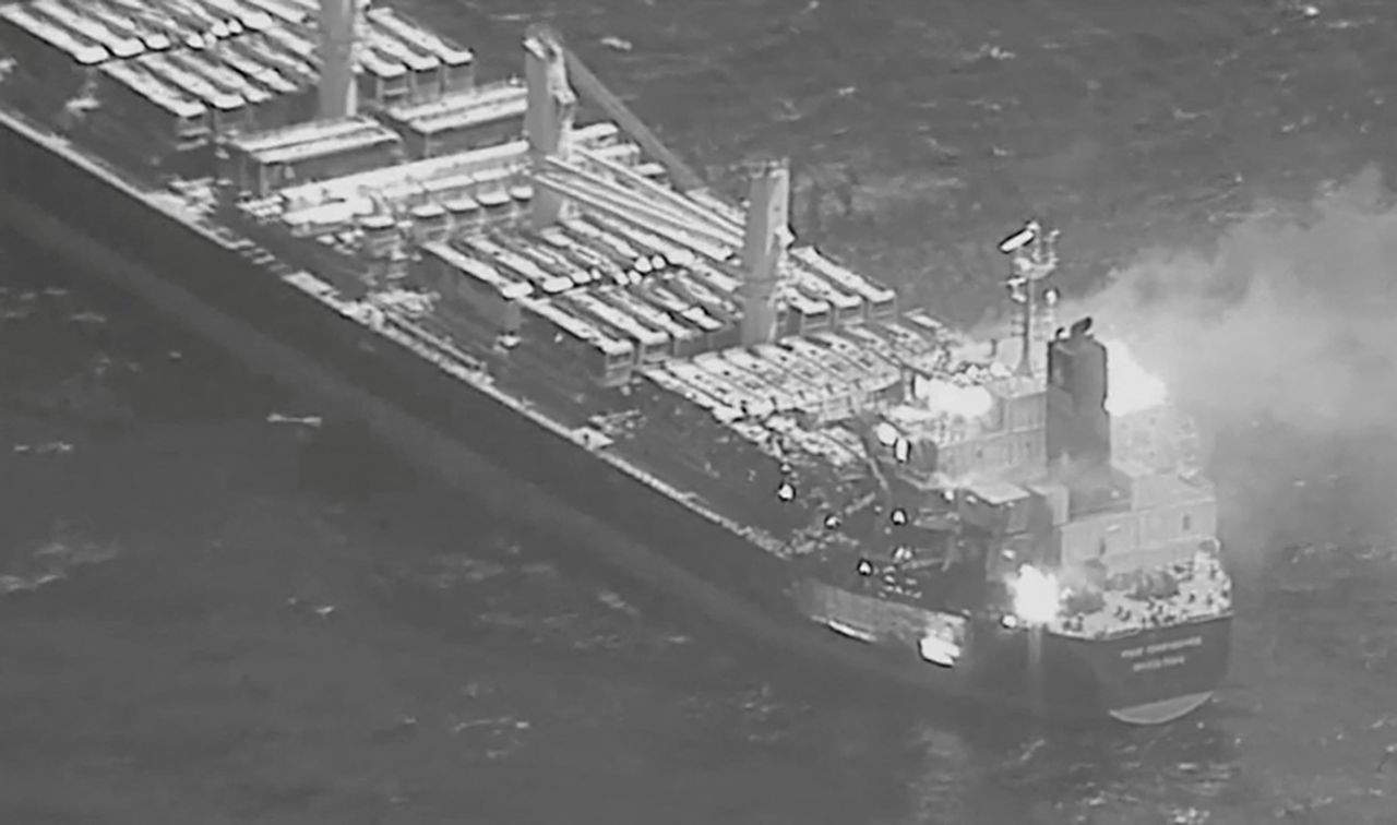 The Barbados-flagged ship True Confidence is seen ablaze following a Houthi missile attack at sea on March 6.
