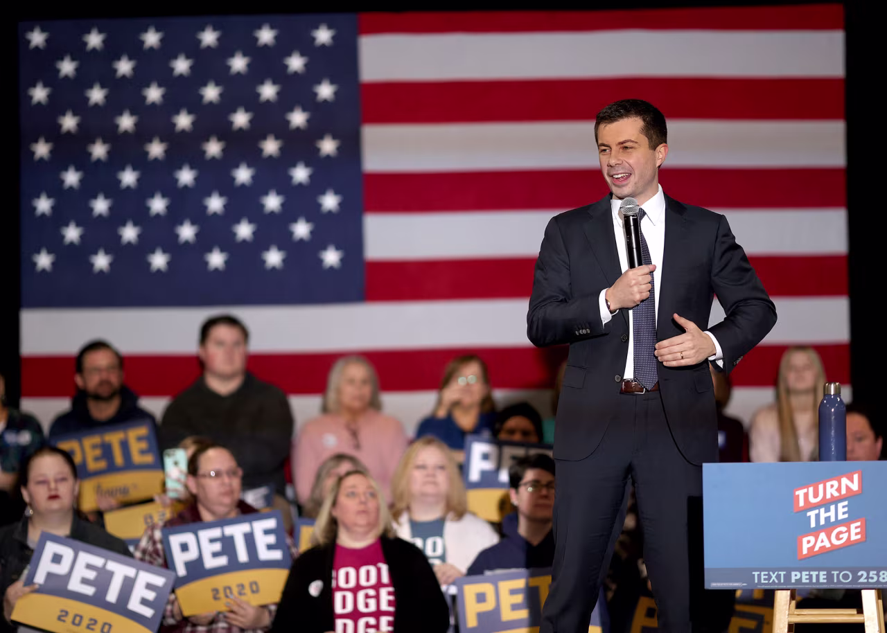 Mayor Pete Buttigieg speaks in Waterloo, Iowa on February 1.