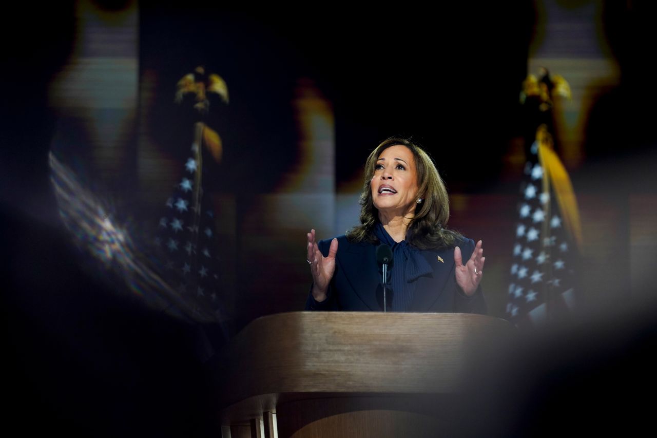 Kamala Harris speaks during the Democratic National Convention at the United Center in Chicago, Illinois, on August 22.