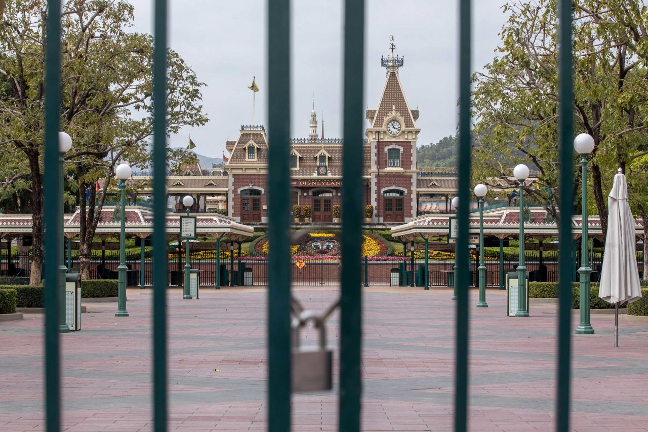 A locked gate is pictured at Disneyland Resort in Hong Kong on Monday.