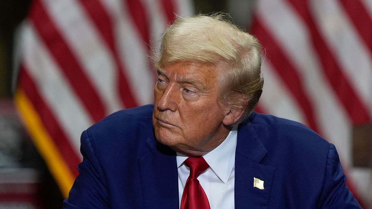 Republican presidential nominee former President Donald Trump listens at a business roundtable discussion at a campaign event at Precision Components Group, Monday, August 19, in York, Pennsylvania. 