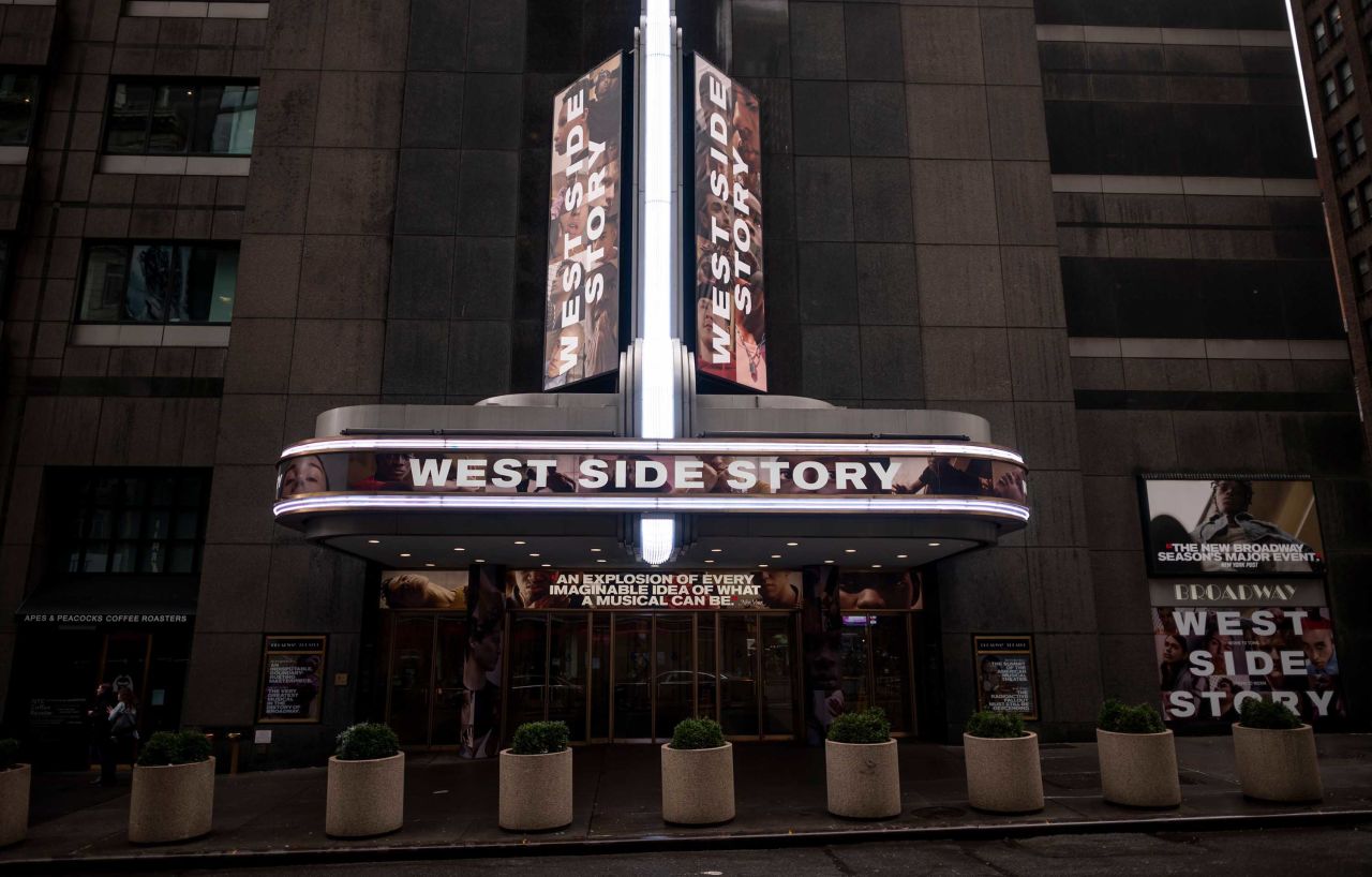 A marquee at the Broadway Theatre in New York advertises the 'West Side Story' musical on February 7.