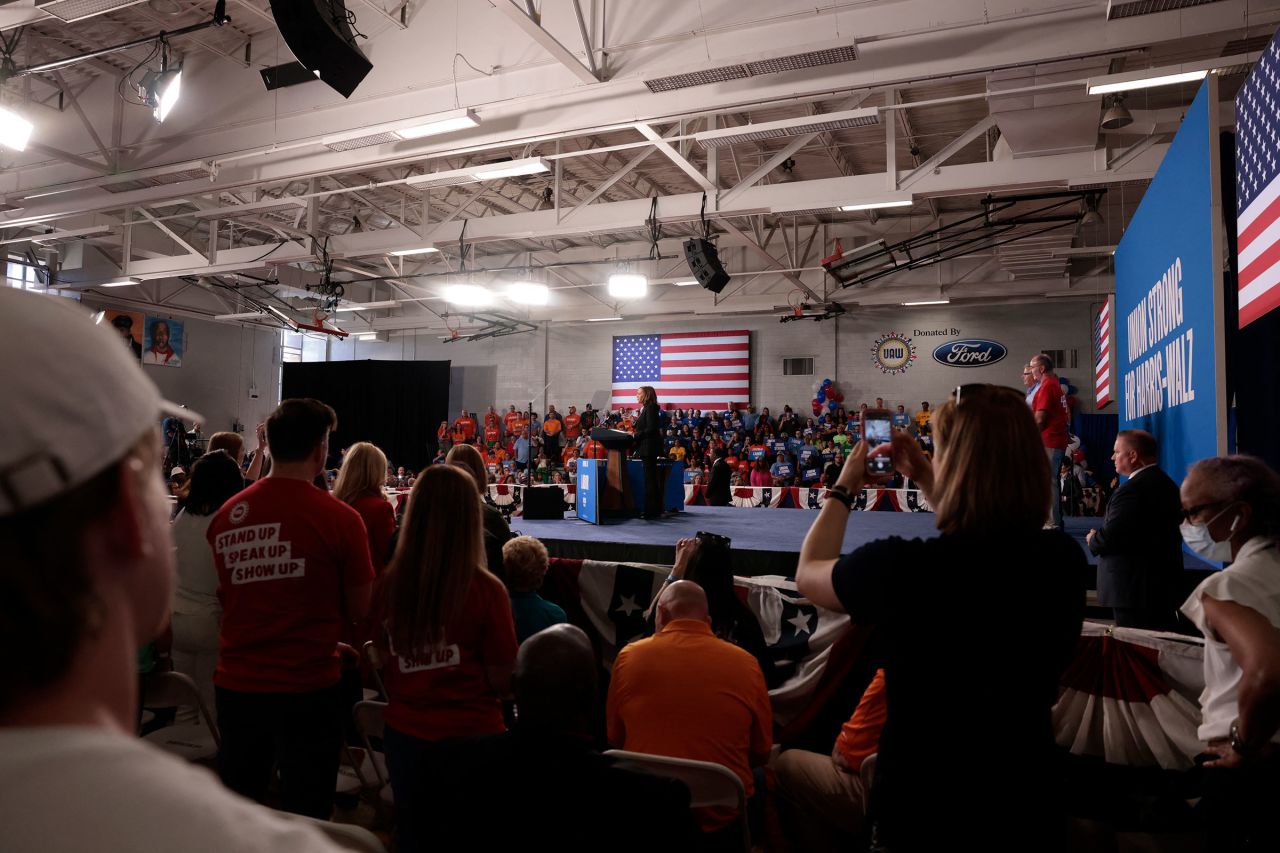 Vice President Kamala Harris speaks at a Labor Day event at Northwestern High School in Detroit on Monday. 