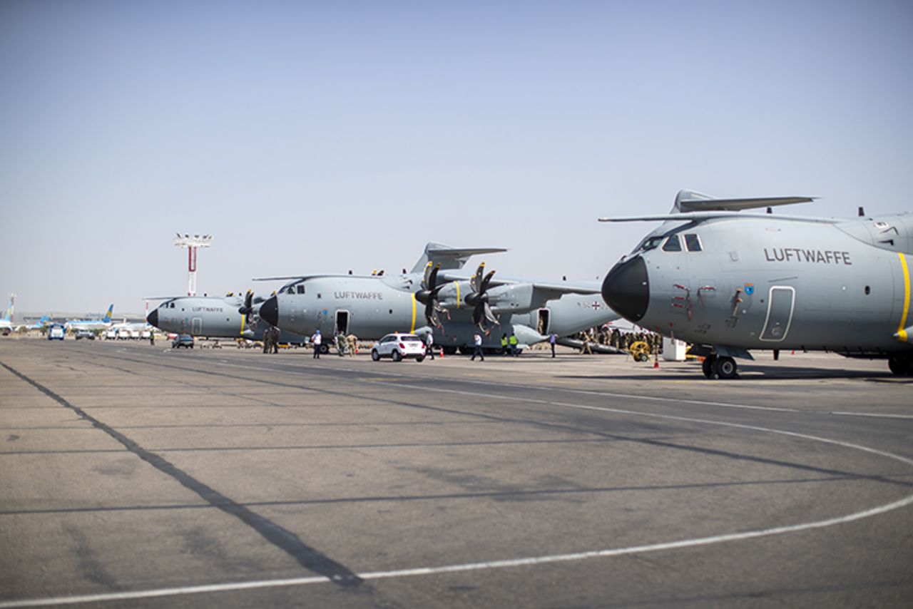 A-400M transport aircrafts are seen upon arrival after they evacuated people from Afghanistan at Tashkent International Airport in Uzbekistan on August 17, 2021.?