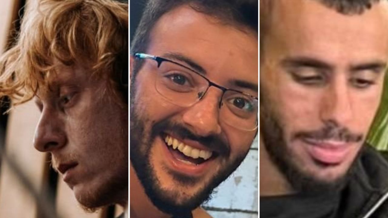 The three hostages killed are identified as, from left to right, Yotam Haim, Alon Shamriz and Samer Talalka.