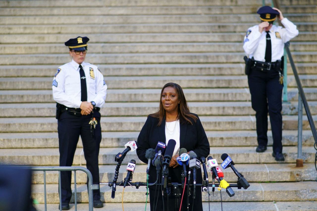 New York Attorney General Letitia James?gives a short statement to the media?before the start of the trial on Monday. "My message is simple: No matter how powerful you are, no matter how much money you think you may have, no one is above the law," she said.?