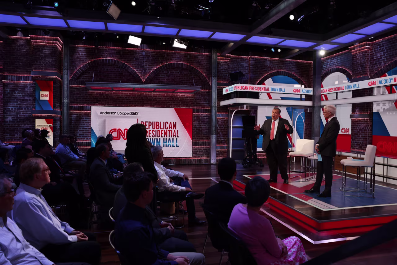 Former New Jersey Gov. Chris Christie speaks at a CNN Republican Presidential Town Hall moderated by CNN’s Anderson Cooper in New York on Monday, June 12.