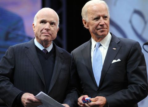 Sen. John McCain receives the the 2017 Liberty Medal from former Vice President Joe Biden at the National Constitution Center on October 16, 2017 in Philadelphia, Pennsylvania. 