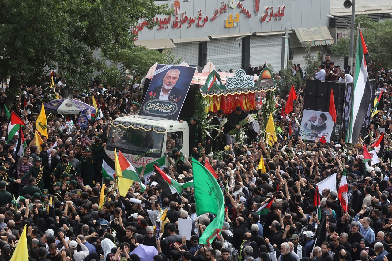 Iranians attend the memorial procession of assassinated Hamas chief, Ismail Haniyeh in?Tehran, Iran, on August 1.