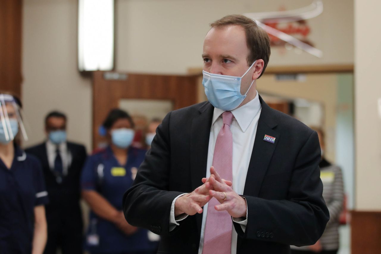 UK Health Secretary Matt Hancock is seen during a visit to The Queen Elizabeth Hospital in Birmingham, England, on February 17. 