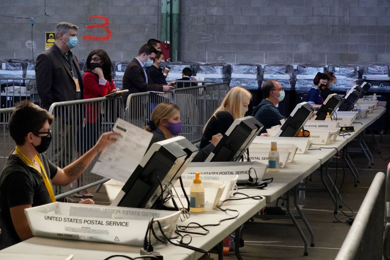 Election office workers process ballots at the Allegheny County elections returns warehouse in Pittsburgh, Pennsylvania, on November 6.