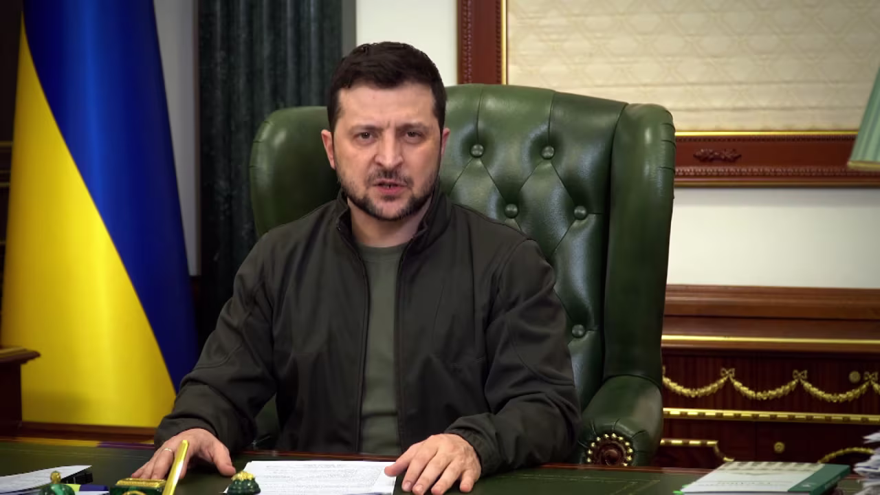 Ukrainian President Volodymyr Zelensky speaks in a video message posted to Facebook Thursday night March 17. 