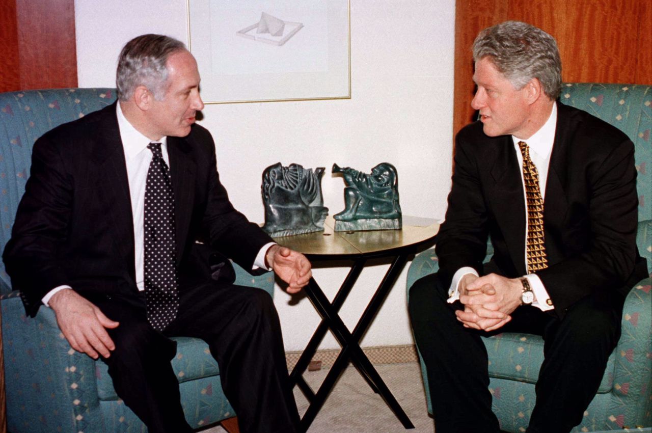 President Bill Clinton meets with Benjamin Netanyahu in Israel in 1996.