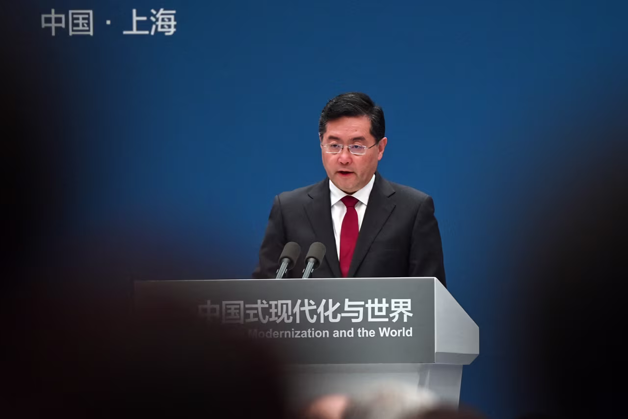 Qin Gang delivers a speech in Shanghai, on April 21.