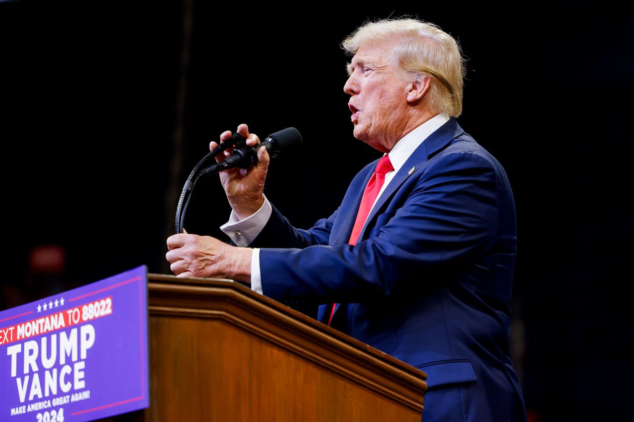 :Republican presidential nominee, former U.S. President Donald Trump speaks at a rally at Montana State University on August 9, in Bozeman, Montana. 