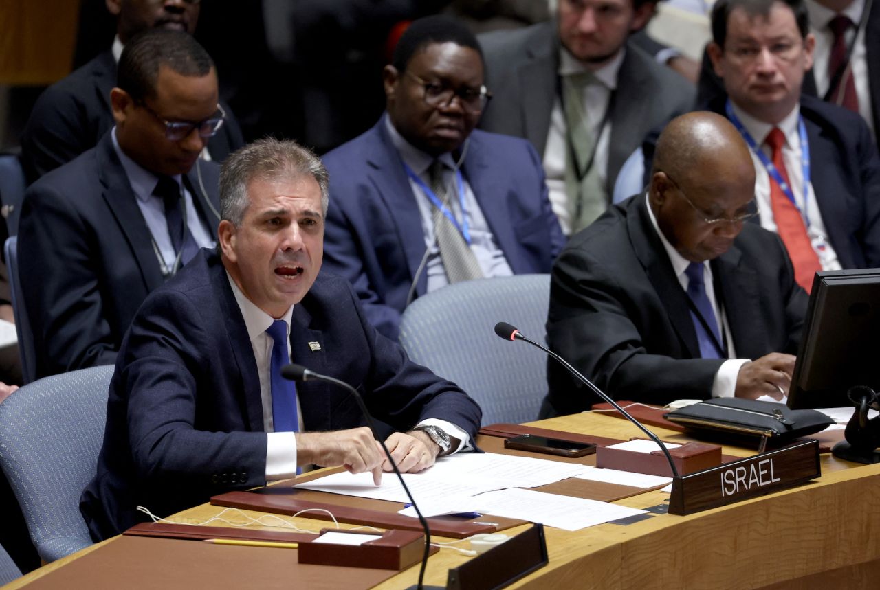 Israel's Foreign Affairs Minister Eli Cohen speaks during a meeting at the UN headquarters in New York on Tuesday.