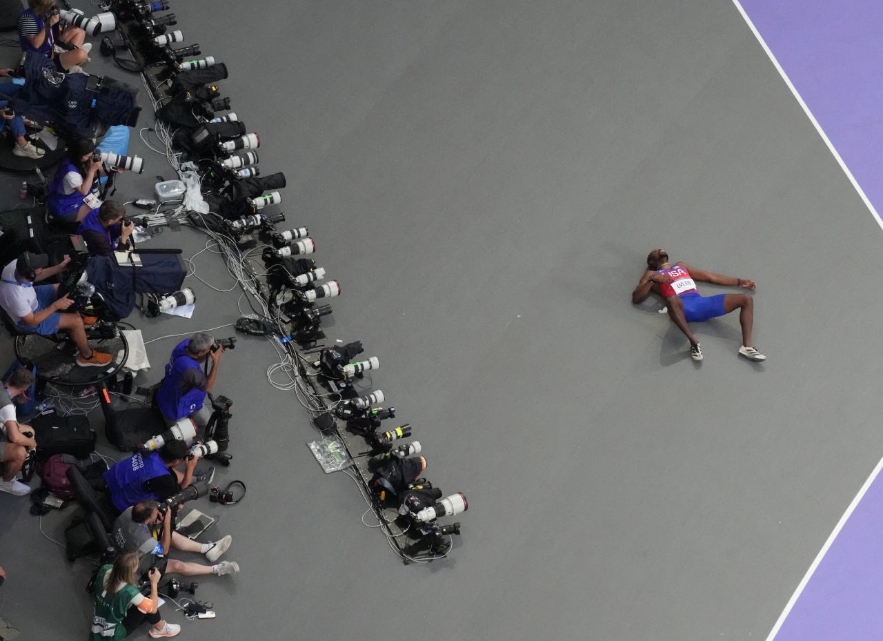 Noah Lyles is seen after the 200m men's final.