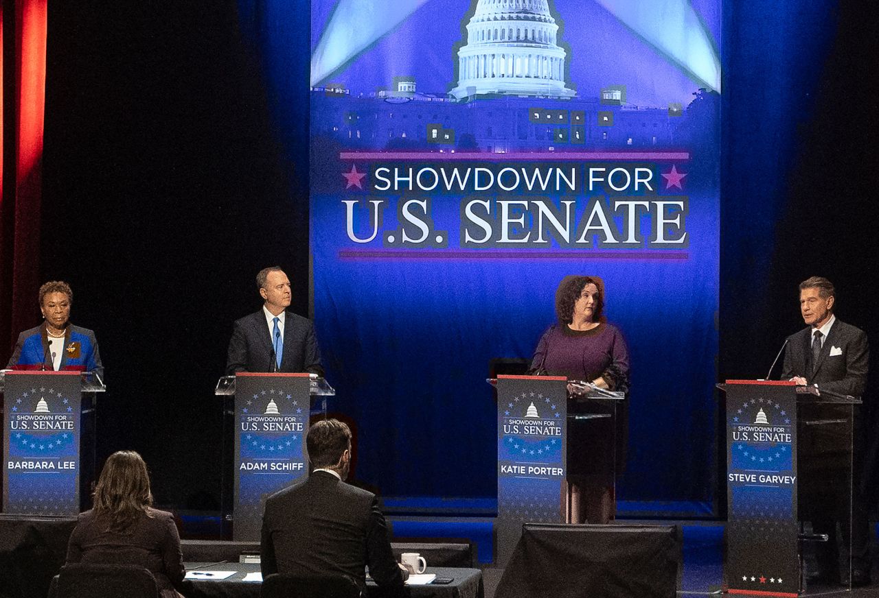 Candidates, from left, US Rep. Barbara Lee, US Rep. Adam Schiff, US Rep. Katie Porter and former baseball player Steve Garvey, stand on stage during a televised debate for candidates in the senate race to succeed the late California Sen. Dianne Feinstein, on Monday, January 22.