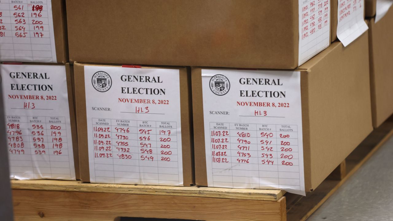 Boxes of scanned ballots sit on a pallet Wednesday at the Maricopa County Tabulation and Election Center in Phoenix.