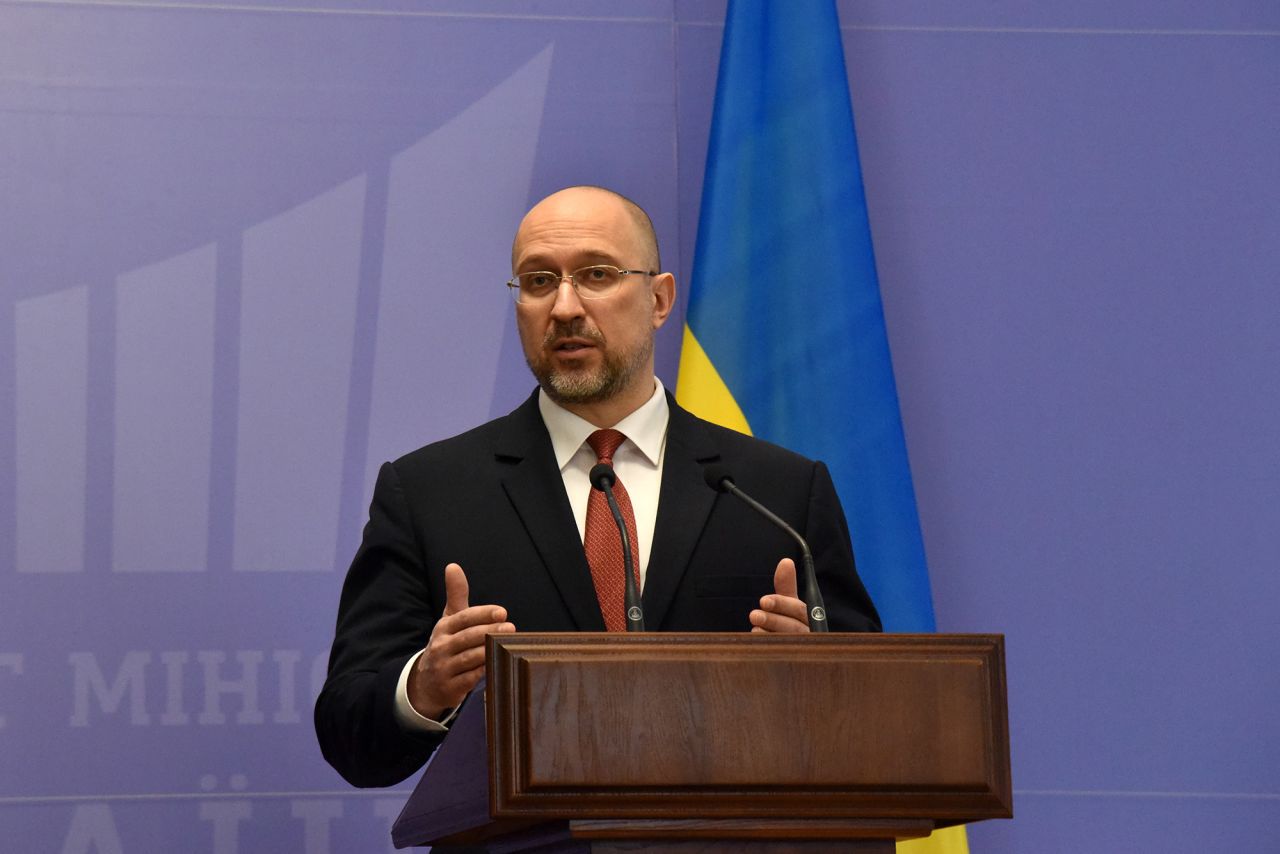 Prime Minister of Ukraine Denys Shmyhal speaks at the Cabinet of Ministers of Ukraine briefing in Kyiv, Ukraine, on January 1