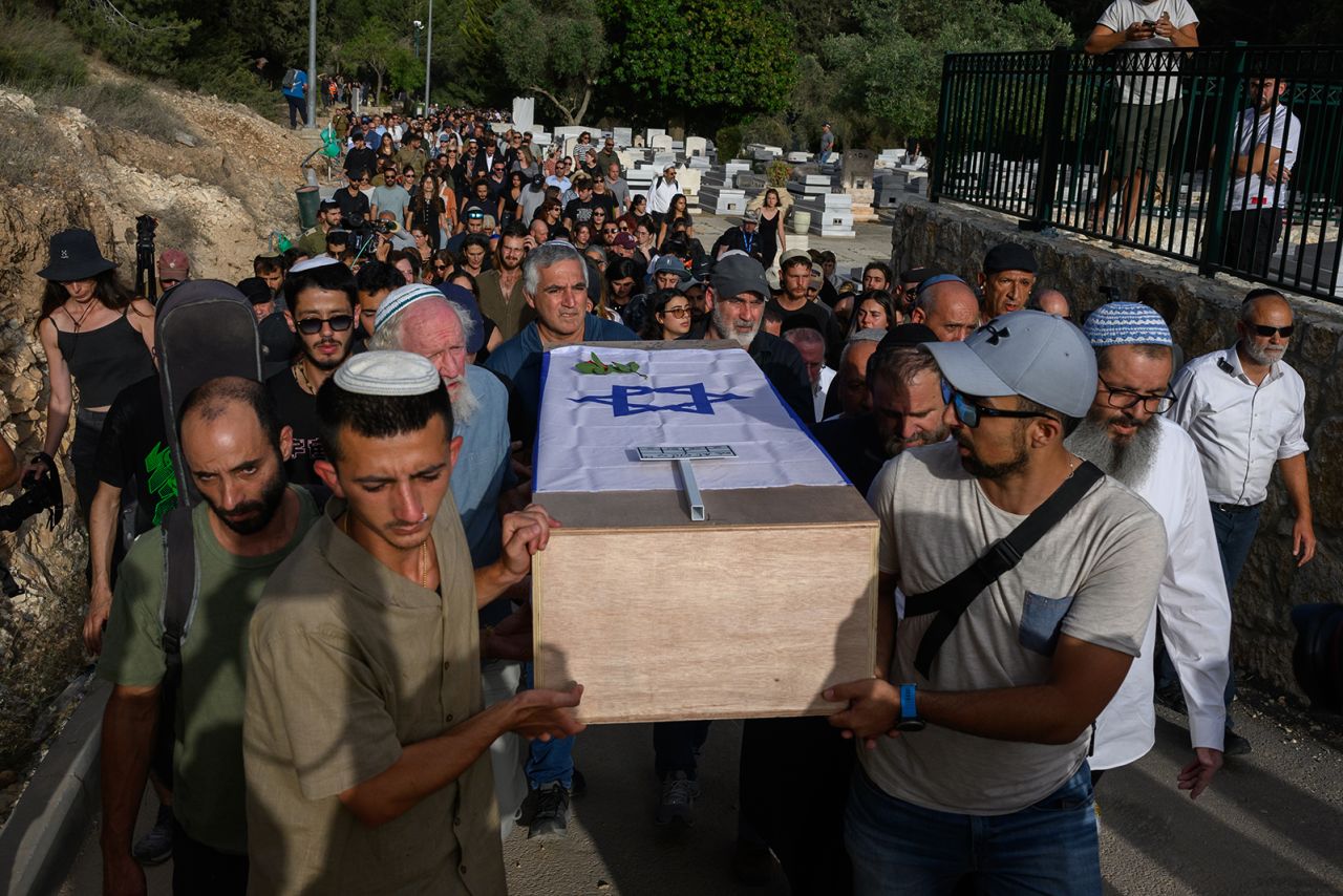 People carry the casket of Shani Louk on May 19, in Srigim-Li On, Israel. 