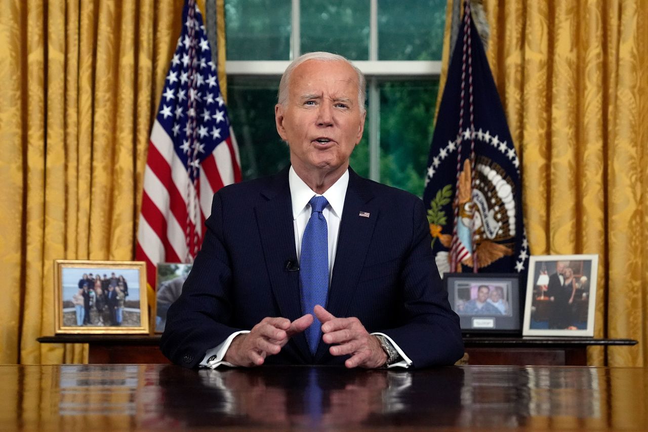 President Joe Biden addresses the nation from the Oval Office of the White House in Washington, DC, on Wednesday, July 24, about his decision to drop his Democratic presidential reelection bid.