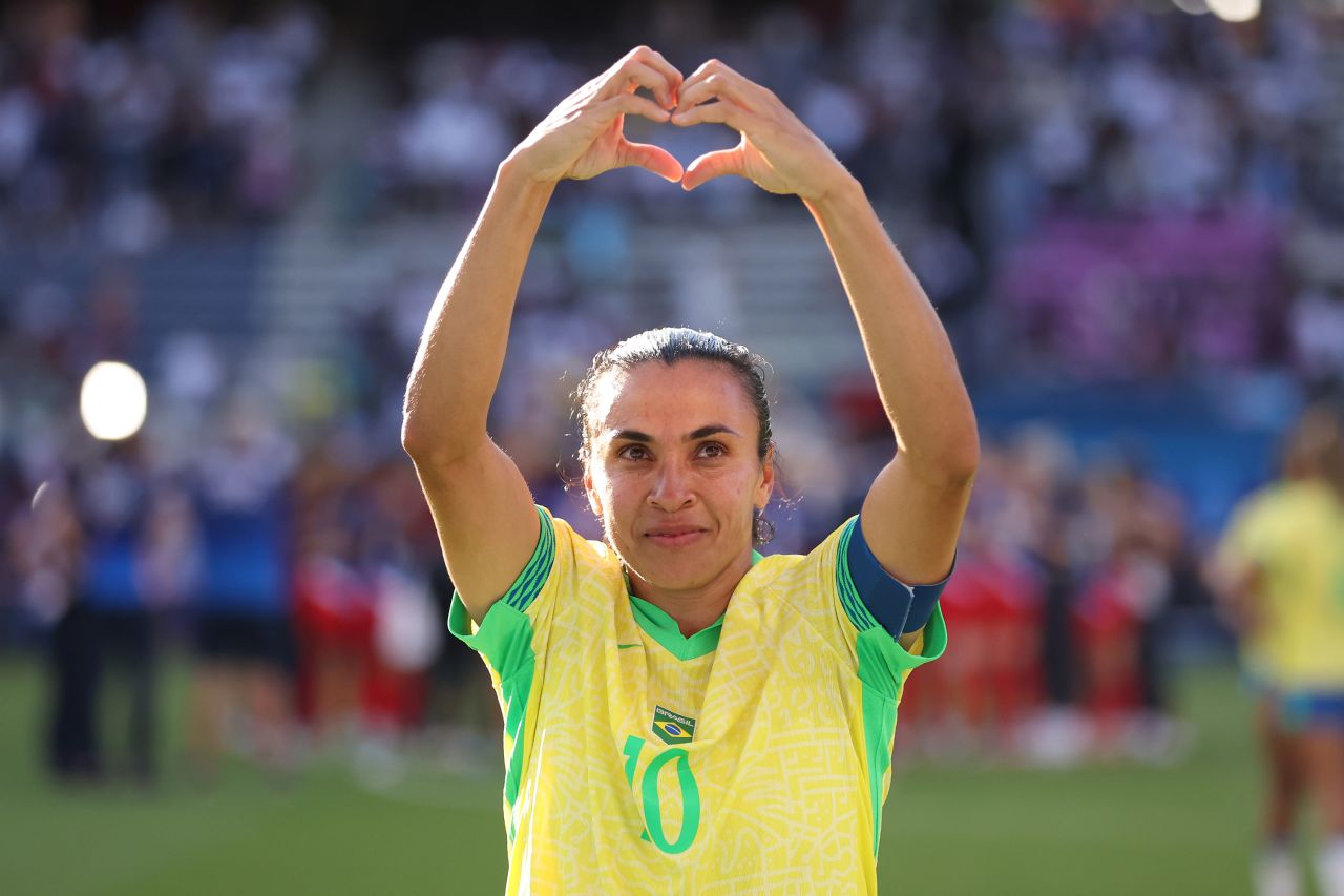 Brazil’s Marta acknowledges the fans after the women’s soccer gold medal match against the US on August 10. 