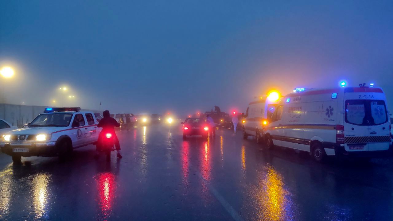 Rescue vehicles are seen after the crash of a helicopter carrying Iran's President Ebrahim Raisi in Varzaqan, northwestern Iran, on May 19.