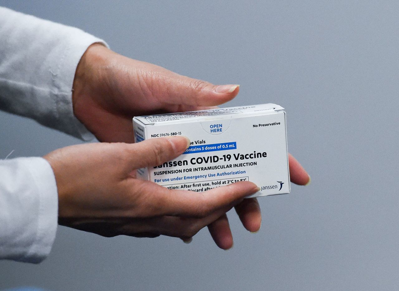 A health worker in Pennsylvania holds a box with the Janssen Johnson & Johnson Covid-19 vaccine on March 15.