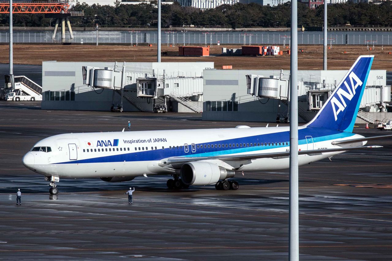 An airplane carrying Japanese citizens repatriated from Wuhan amidst the coronavirus outbreak lands at Haneda airport on January 29. 