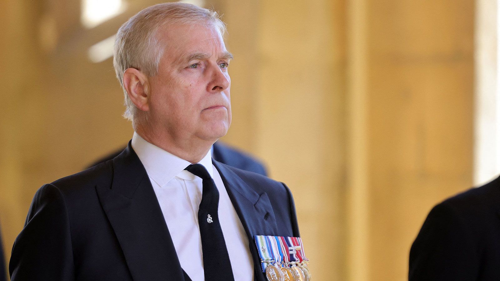 Britain's Prince Andrew, Duke of York, attends the ceremonial funeral procession of Britain's Prince Philip, Duke of Edinburgh to St George's Chapel in Windsor Castle in Windsor, west of London, on April 17, 2021. - Philip, who was married to Queen Elizabeth II for 73 years, died on April 9 aged 99 just weeks after a month-long stay in hospital for treatment to a heart condition and an infection. (Photo by CHRIS JACKSON / POOL / AFP) (Photo by CHRIS JACKSON/POOL/AFP via Getty Images)
