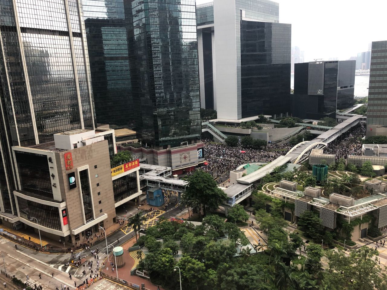 Protesters on the corner of Harcourt Road and Legislative Council Road in Hong Kong. 