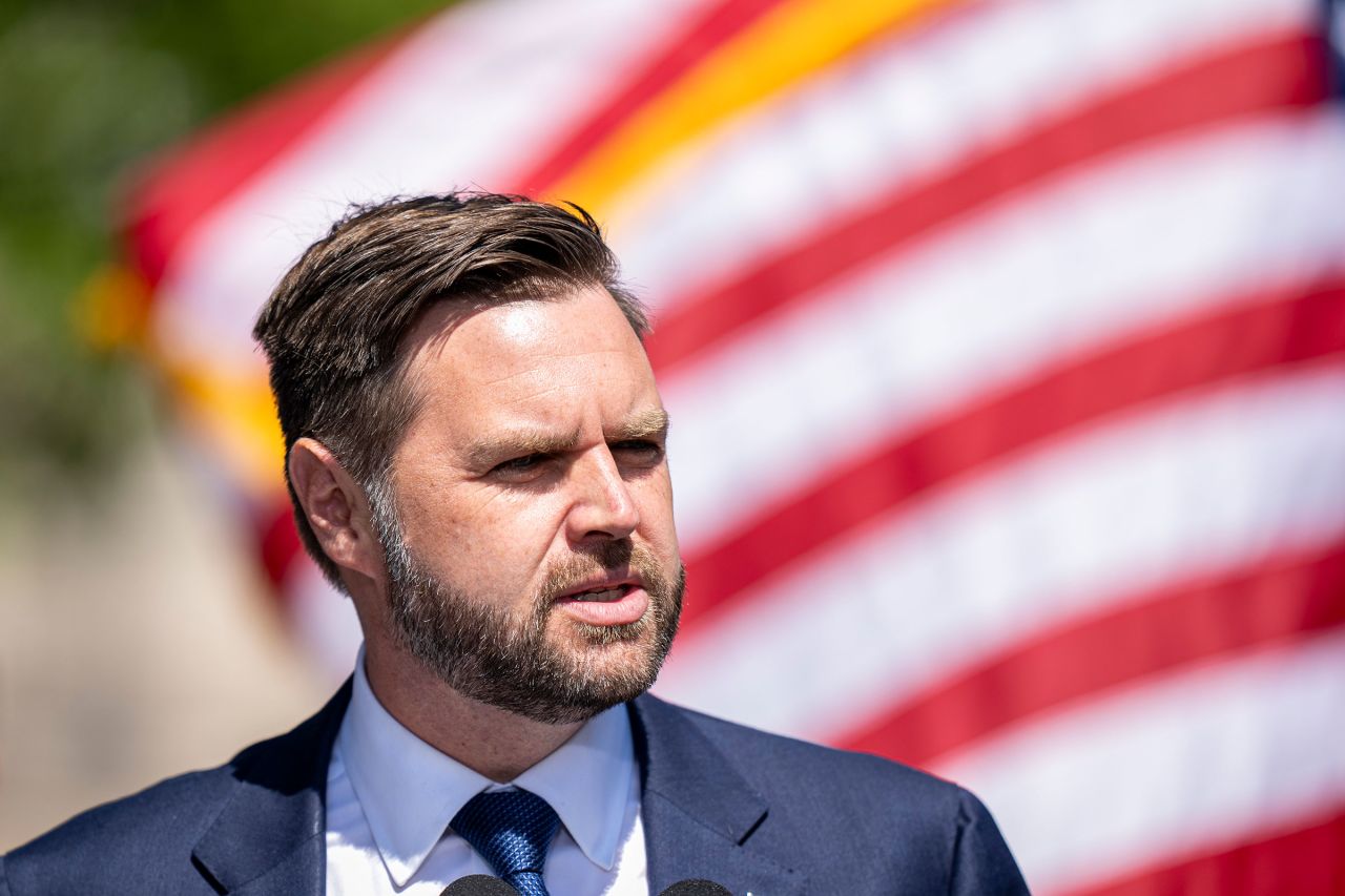 Sen. JD Vance addresses the audience at a campaign rally on August 20 in Kenosha, Wisconsin.